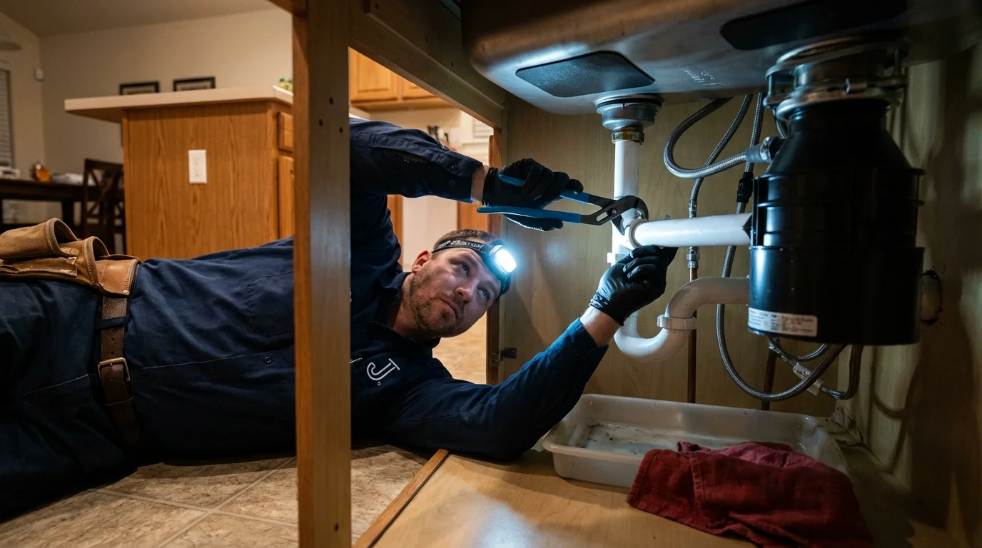 P-trap and supply line connections under a kitchen sink showing a common leak point in Stratford, WI